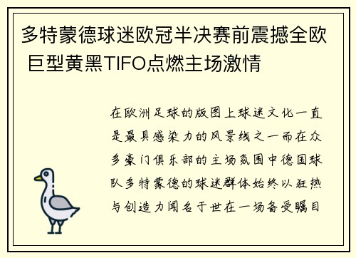 多特蒙德球迷欧冠半决赛前震撼全欧 巨型黄黑TIFO点燃主场激情