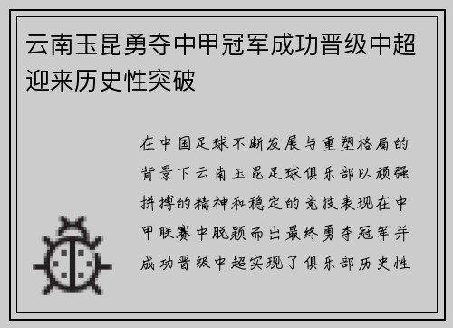 云南玉昆勇夺中甲冠军成功晋级中超迎来历史性突破